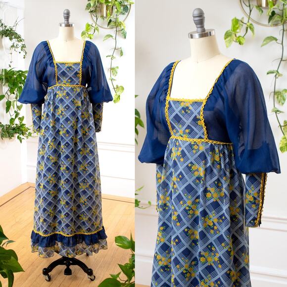 Vintage 1960s GUNNE SAX Black LABEL Maxi Dress 60s Floral Plaid Boho Ren Faire